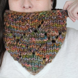 May include: A colorful knitted cowl with a textured pattern. The cowl is made with a variety of shades of brown, green, purple, and blue yarn.