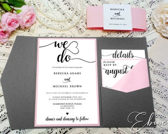 Grey and Blush Pink Wedding Invitation, We Do, Pocket Invitation, Swirly Script Font,Dark Gray,Pocketfold,Formal invites,Elegant Wedding,C25