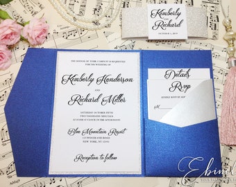 Royal Blue and Silver Wedding Invitation, Pocket Invitation, Navy Pocketfold, Script Font, Dark Blue, Elegant Wedding, Formal Invitation,C43