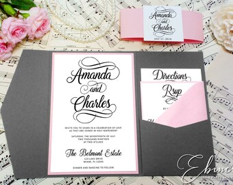 Grey and Pink Wedding Invitation, Pocket Invitation, Dark Grey, Gray, Pocketfold, Blush,Swirly Script Font,Formal Invite,Elegant Wedding,C44