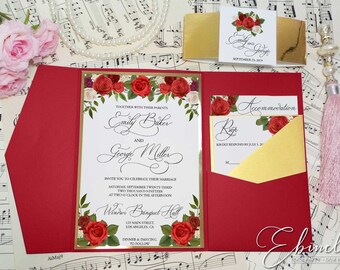Red and Gold Foil Wedding Invitation, Pocket Invitation, Pocketfold, Swirly Script Font,Red White Roses,Christmas,Formal,Elegant Wedding,C28