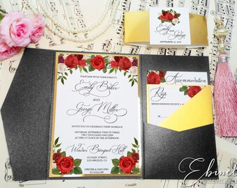 Black and Gold Wedding Invitation, Red Roses, Pocket Invitation, Pocketfold, Gold Foil, Swirly Script Font, Elegant, Formal Invites, C28