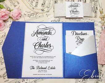 Royal Blue and Silver Wedding Invitation, Pocket Invitation, Navy Pocketfold, Swirly Script Font, Dark Blue, Elegant Wedding Invitation, C44