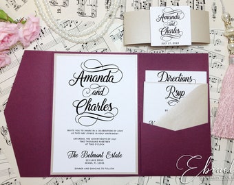 Burgundy and Beige Wedding Invitation, Pocket Invitation, Marsala Pocketfold, Swirly Script Font, Dark Red,Formal Invite,Elegant Wedding,C44
