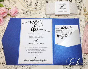 Royal Blue and Silver Wedding Invitation, We Do, Pocket Invitation, Swirly Script Font, Navy Pocketfold, Formal Invite, Elegant Wedding, C25