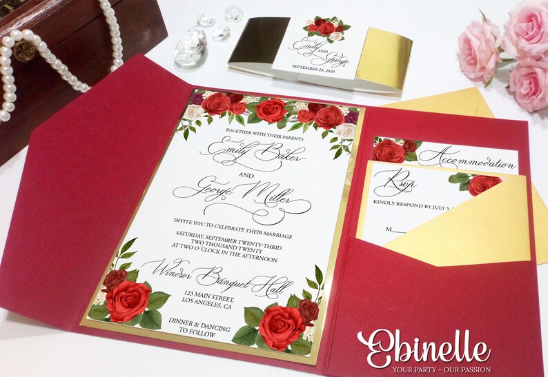 Red And Gold Foil Wedding Invitation Pocket Invitation Etsy