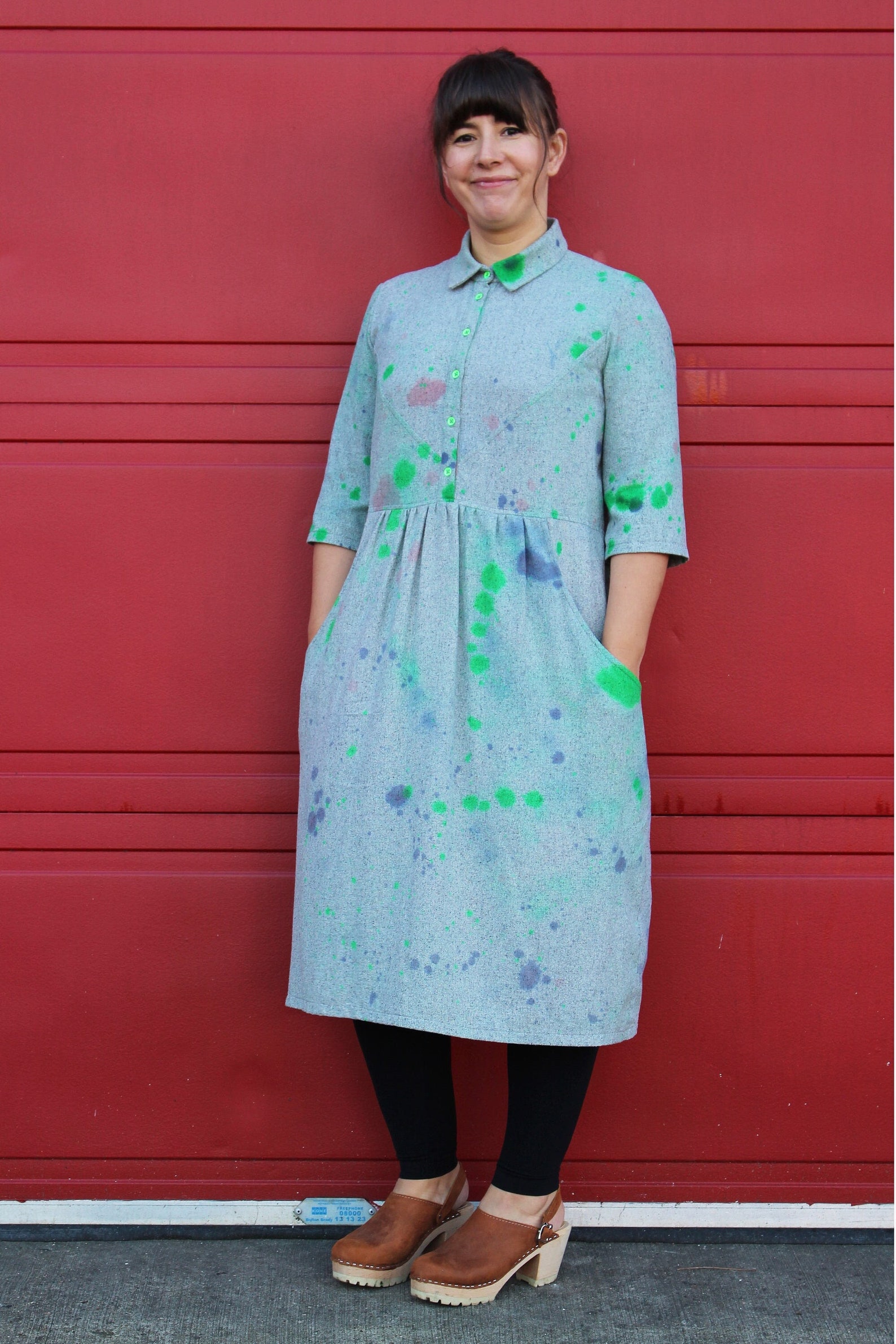A photo of a finished Isca Shirt Dress.