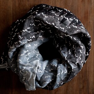 Linen scarf: stamped mountains, black and white mountain range, rocky peaks, block printed nature design, modern sustainable fashion shawl