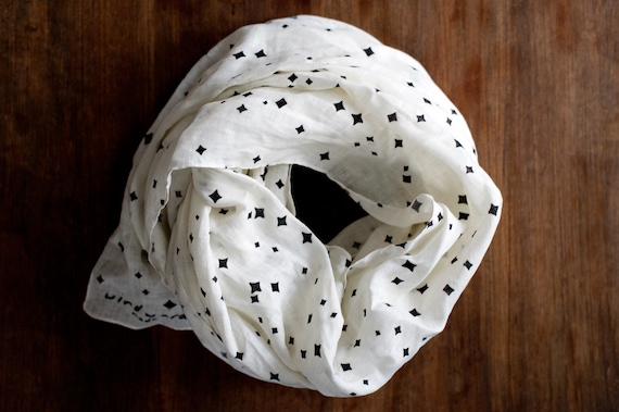Linen scarf: stamped sky, black and white stars, simple modern sustainable fashion shawl, eco friendly block printed nature design
