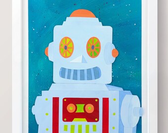Happy-bot - original cut-paper collage artwork A4 // Character Illustration / Retro Robot Illustration / Home Decor