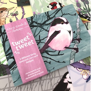 May include: A set of six illustrated bird postcards featuring different species of birds. The cards are printed on a light blue background with a dark blue border. The text "tweet tweet" is printed in pink on a pink background. The text "6 different birdy postcard/art card designs" is printed in white on a pink background. The text "chriscowdrill.co.uk @chriscowdrill chriscowdrill.etsy.com" is printed in white on a pink background.