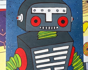 Smiling Retro Robot Digital Art Print - Springbot – Vintage Sci-Fi Illustration, Cute Futuristic Wall Art