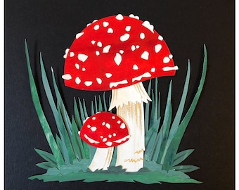 Fly Agaric / Amanita - original artwork cut-paper collage // Mushroom / Fungi / Toadstool Art / Home Decor / Flowers & Plants Illustration