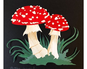 Fly Agaric / Amanita - original artwork cut-paper collage // Mushroom / Fungi / Toadstool Art / Home Decor / Flowers & Plants Illustration