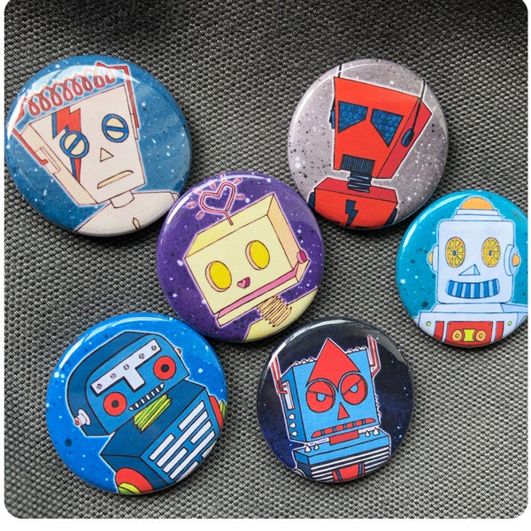 Retro Robots badges - choose from 6 designs // pinback badges / button badges / sci-fi / tin robot