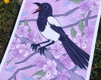 Magpie Illustration print / Bird Art Print // Illustration Poster / Home Decor