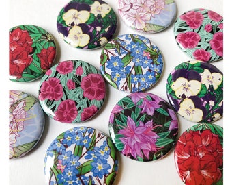 Flower Badges / Pinback Buttons - 6 designs // Flower gift / Flower art / Floral badges / Floral illustration