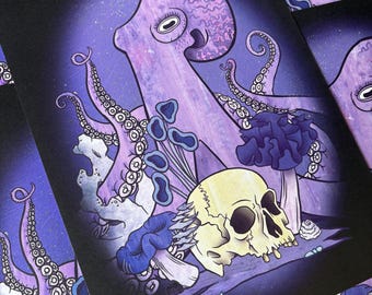 May include: A print featuring a purple octopus with detailed tentacles, a skull, and blue mushroom-like shapes against a dark, starry background. The artwork has a fantasy or gothic theme.