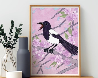 Magpie Illustration Print, Bird Art Poster, Floral Home Decor