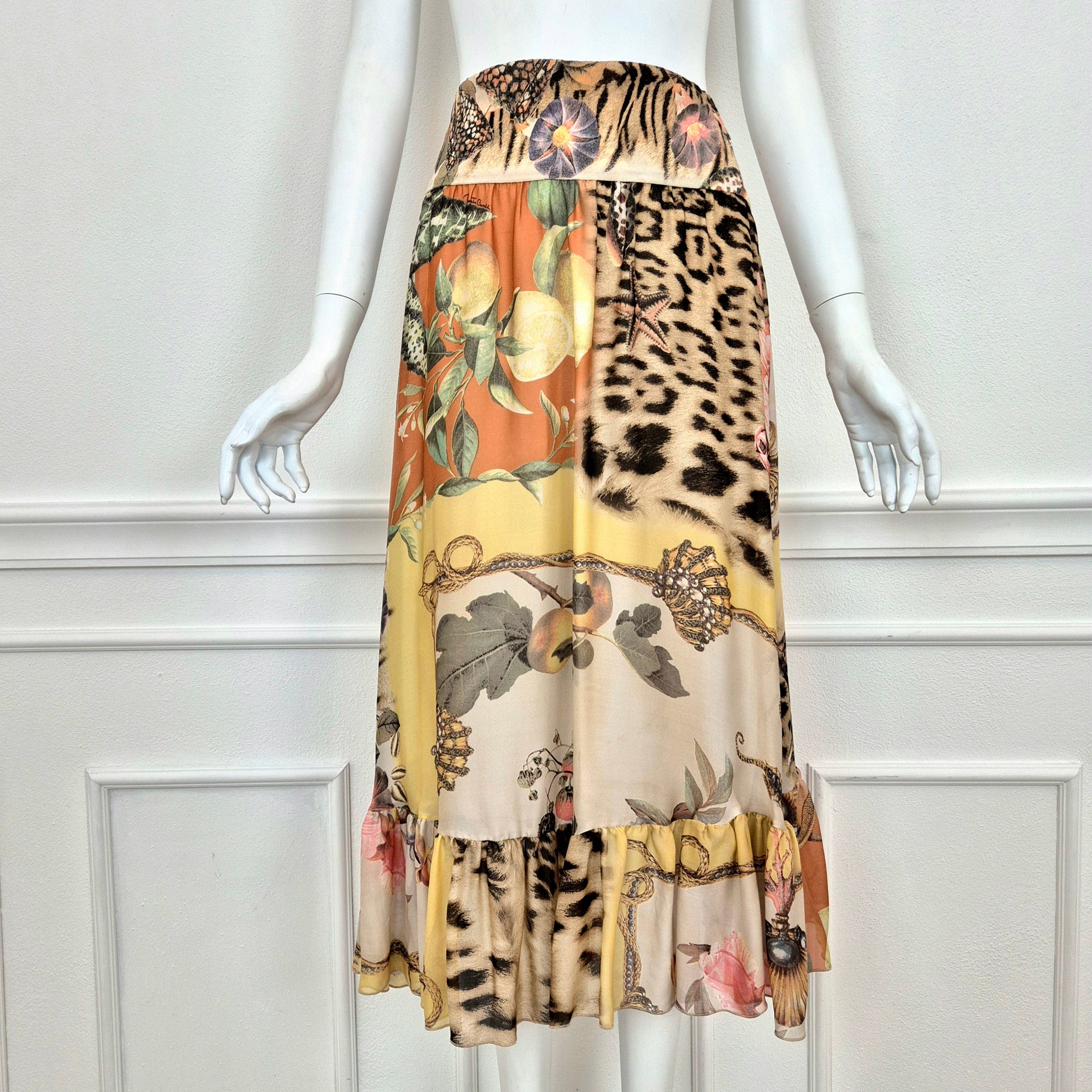 Jupe Courte Roberto Cavalli 100% Soie, Imprimé Floral à Volants Superposés, Taille S - Neuve Avec étiquettes