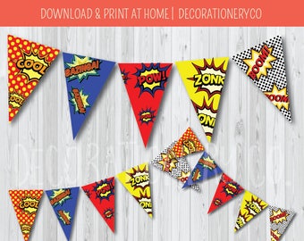 Super Hero Party Birthday Banner, Bunting, Comic Book Party, Pow, Zonk, Boom