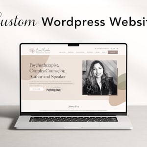 May include: A laptop computer displaying a website for a psychotherapist, couples counsellor, author, and speaker. The website is designed with a modern, minimalist aesthetic and features a black and white photo of the therapist. The text on the website reads "Psychotherapist, Couples Counsellor, Author and Speaker".