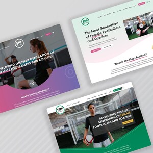 Puede incluir: Tres capturas de pantalla de sitios web con un esquema de color verde, rosa y blanco. El texto en el sitio web dice "SPF" y "Desarrollando la pr&oacute;xima generaci&oacute;n de futbolistas y entrenadoras femeninas".