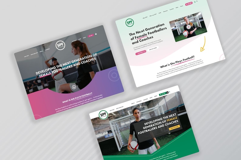 Puede incluir: Tres capturas de pantalla de sitios web con un esquema de color verde, rosa y blanco. El texto en el sitio web dice "SPF" y "Desarrollando la pr&oacute;xima generaci&oacute;n de futbolistas y entrenadoras femeninas".