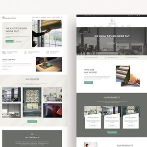 Puede incluir: P&aacute;gina de inicio del sitio web de Hue House, una empresa especializada en dise&ntilde;o de interiores, en particular tratamientos de ventanas. El sitio web presenta im&aacute;genes de varios tratamientos de ventanas, incluidos persianas y cortinas, y texto que dice "We know design inside out." y "Who are Hue House?"