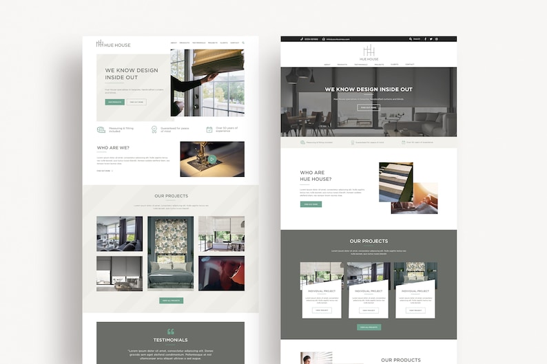 Puede incluir: P&aacute;gina de inicio del sitio web de Hue House, una empresa especializada en dise&ntilde;o de interiores, en particular tratamientos de ventanas. El sitio web presenta im&aacute;genes de varios tratamientos de ventanas, incluidos persianas y cortinas, y texto que dice "We know design inside out." y "Who are Hue House?"