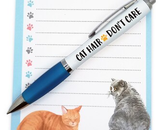 Cute Cat To Do List Notepad and Pen Gift Set - 100 Sheet A6 Notepad &" Cat Hair - Don't Care" Blue Grip Pen