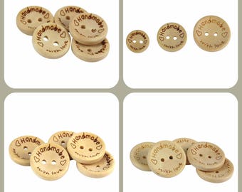 15mm, 20mm, 25mm or Mixed Sized Wooden "Handmade With Love" Buttons