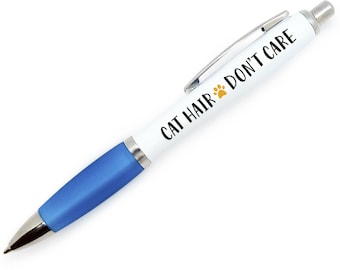 Fun 'Cat Hair - Don't Care' Pen with Ginger Paw Print - Blue Grip with Black Ink