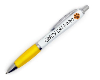 CRAZY CAT MUM Pen with Ginger Paw Print - Yellow Grip with Black Ink