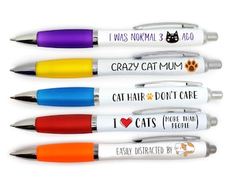 5 Pack Funny Cat Pens - Red, Yellow, Blue, Orange & Purple Grips with Black Ink