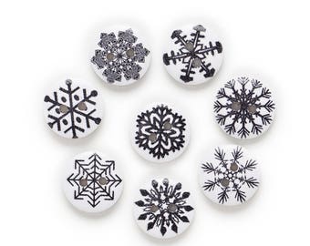 50 x 15mm Black and White Christmas Snowflake Buttons
