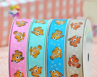 5 yards, 1 inch 1'' 25mm, Grosgrain ribbon, Clown fish, Nemo，Marlin， printed ribbon