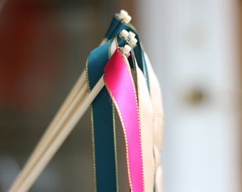 Customized 50PCS Ribbon Wands with 2 or 3 ribbon no bell Streamers Ribbon sticks Magic fairy Wands For Wedding decors Bridal shower