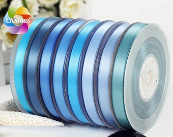 10 yards, 1/4", 3/8", 5/8'', 3/4'', 7/8'', 1‘’ Satin ribbon, Light blue III, Antique Blue Caprice Blue Copen Bluebird French Blue Nile Blue