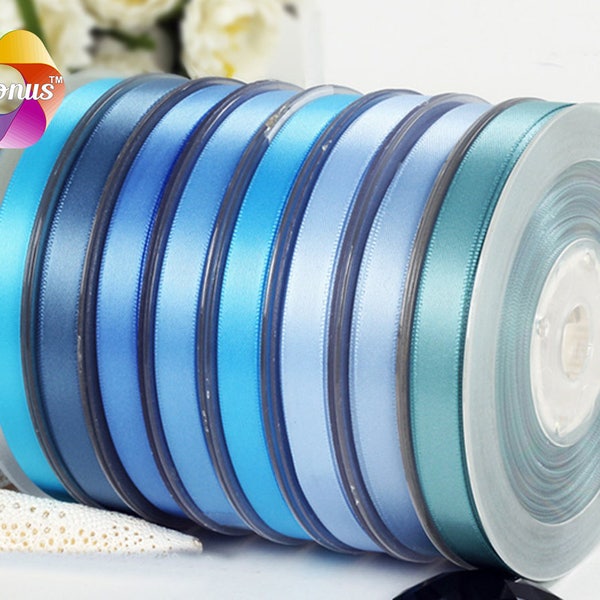 10 yards, 1/4", 3/8", 5/8'', 3/4'', 7/8'', 1‘’ Satin ribbon, Light blue III, Antique Blue Caprice Blue Copen Bluebird French Blue Nile Blue