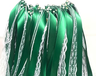 50PCS Wedding Wands with Satin ribbon Lace ribbon Party Wand Spruce green Streamers Ribbon sticks Magic fairy Wands forWedding decors