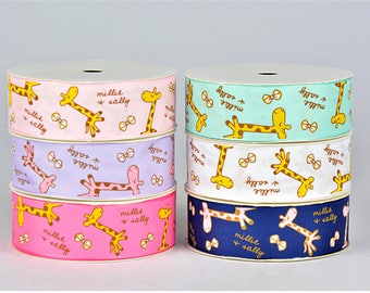 5 yards 1 inch 1'' 25mm Satin ribbon Giraffe,  Pure and Fresh, Spring printed ribbon