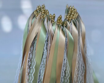 50 varitas de boda con cinta de raso, cinta de encaje, varita de fiesta, serpentinas de palisandro, palitos de cinta, varitas mágicas de hadas para decoraciones de bodas