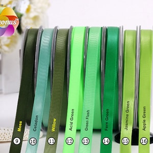 10 yards, 1/4&quot;, 3/8&quot;, 5/8&#39;&#39;, 3/4&#39;&#39;, 7/8&#39;&#39;, 1‘’ Satin ribbon, Green II, Moss Celadon Willow Acid Green Flash Fern Green Jasmine  Apple Green