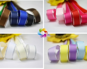 100 yardas, cinta de grosgrain de borde metálico plateado, 21 colores disponibles, 5 anchos disponibles: 1/4'', 3/8" 5/8'', 1", 1.5'' para arcos, primera parte