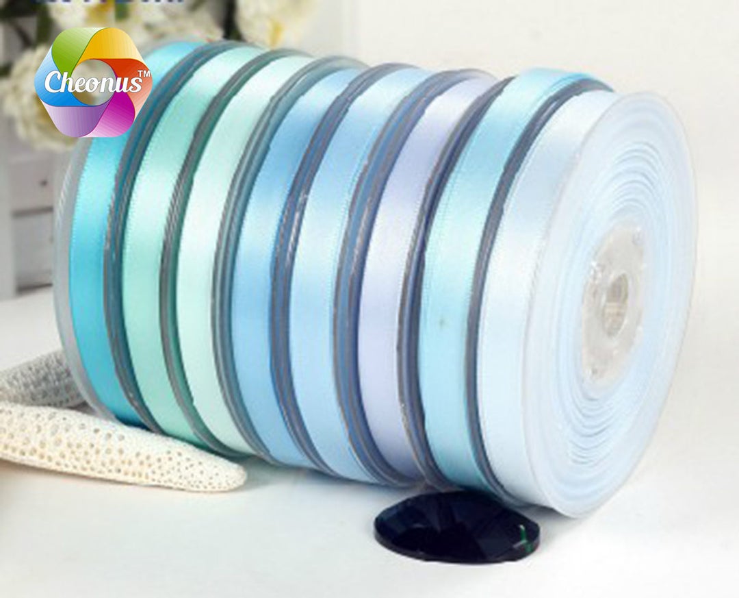 10 Yards, 1/4", 3/8", 5/8'', 3/4'', 7/8'', 1‘’ Satin Ribbon, Light Blue ...