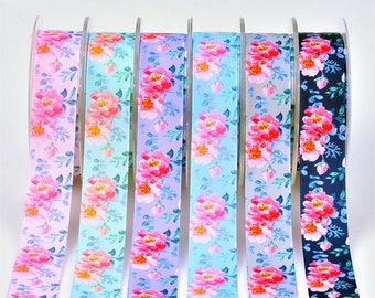 5 yardas 1 pulgada 1'' 25mm cinta satinada Espejado, dibujo a mano flores de rosa, cinta impresa