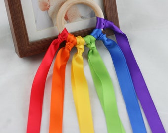 Ribbon Hand Kite rainbow 60cm Streamer toy Wands Dancing Ring Waldorf toys Wood Rainbow Ring for Gift Birthday Decor Kids party favor