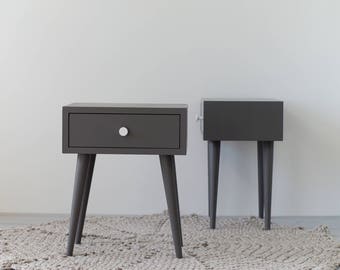 Gray Mid-century nightstand | Bedside Table with drawer | Mid-century Modern Furniture | Scandinavian | Bedroom furniture  NO-02-EP