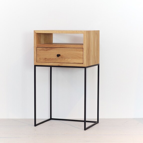 Nightstands With Drawer Modern Bedside Solid Oak And Black Etsy